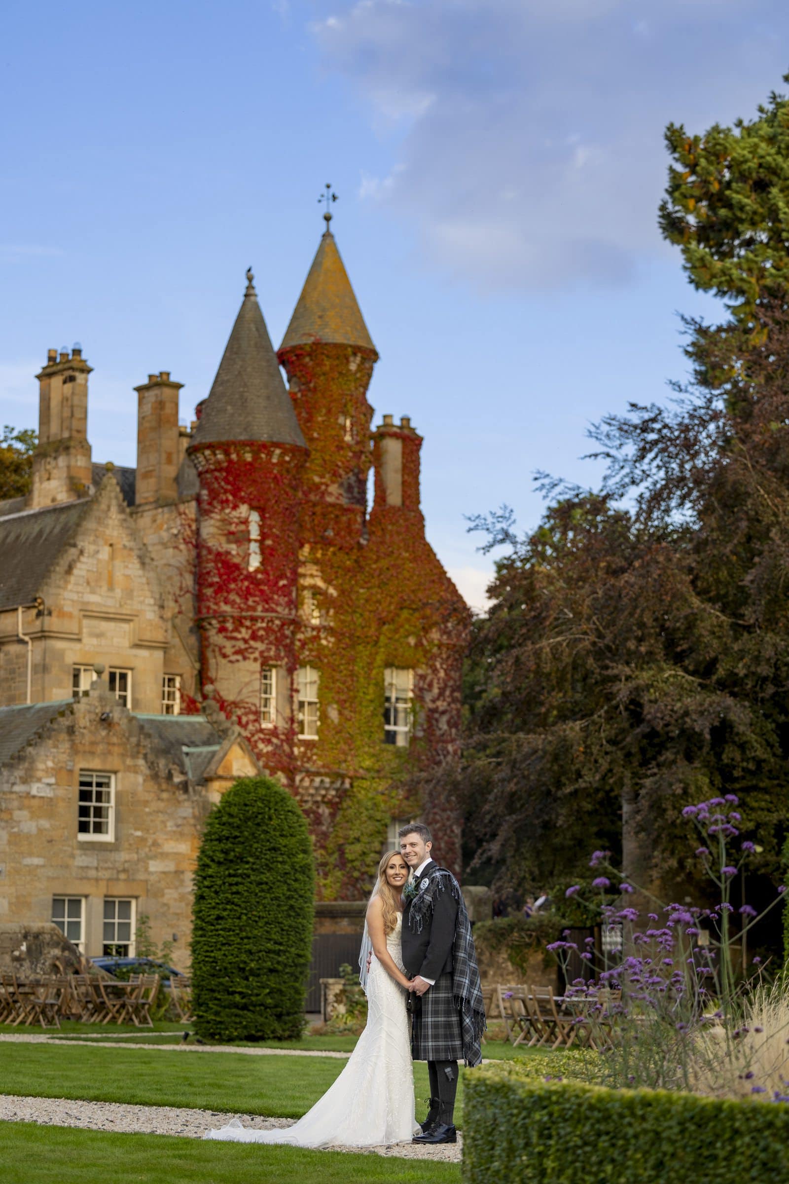Sunset wedding image of a young couple at carlowrie castle