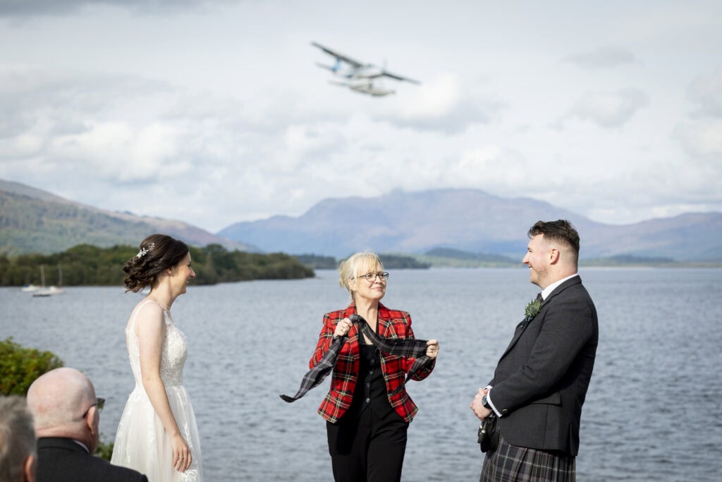 Married on Loch Lomond a couple are 'buzzed' by the seaplane