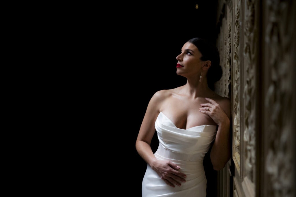 Bride at the Corinthian Glasgow in dramatic light