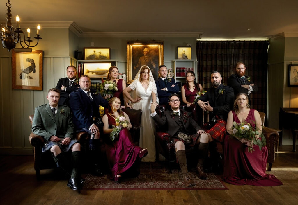 vanity fair style wedding party looking cool at the loch lomond arms 