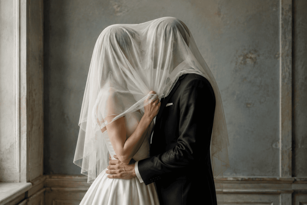 AI-generated wedding couple posing together beneath a shared bridal veil.