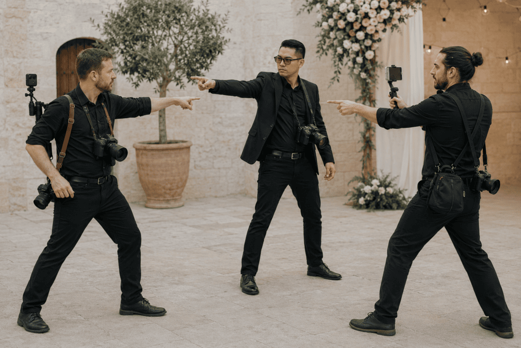 AI-generated image of three wedding photographers pointing at one another while carrying cameras.